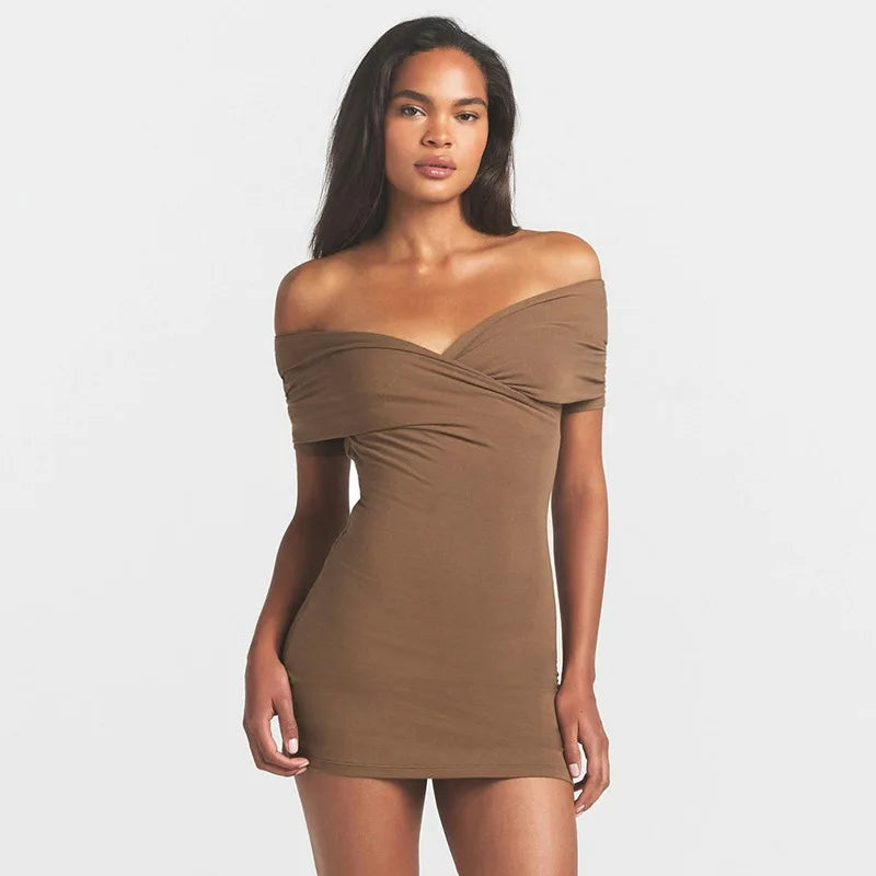 Solid V-Neck Short Sleeve Slim Sheath Mini Dress – Knit Polyester, Empire Waist, Summer Luxegan