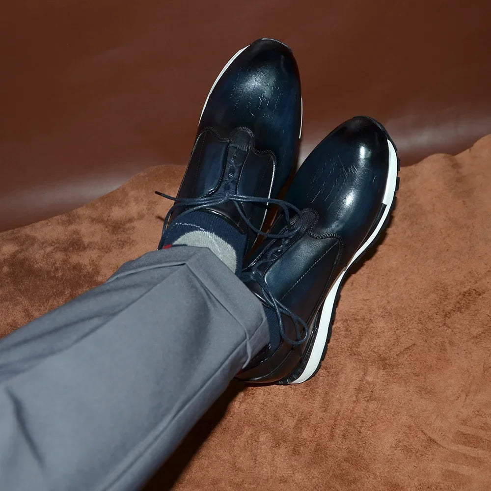 Luxury Brand Style Hand-Painted Sneakers | Sophisticated Genuine Cow Leather Lace-Ups | Elegant "Classic European" Silhouette | "Dignified" Anti-Slip Rubber Sole for Radiant Versatile Winter Styling Luxegan