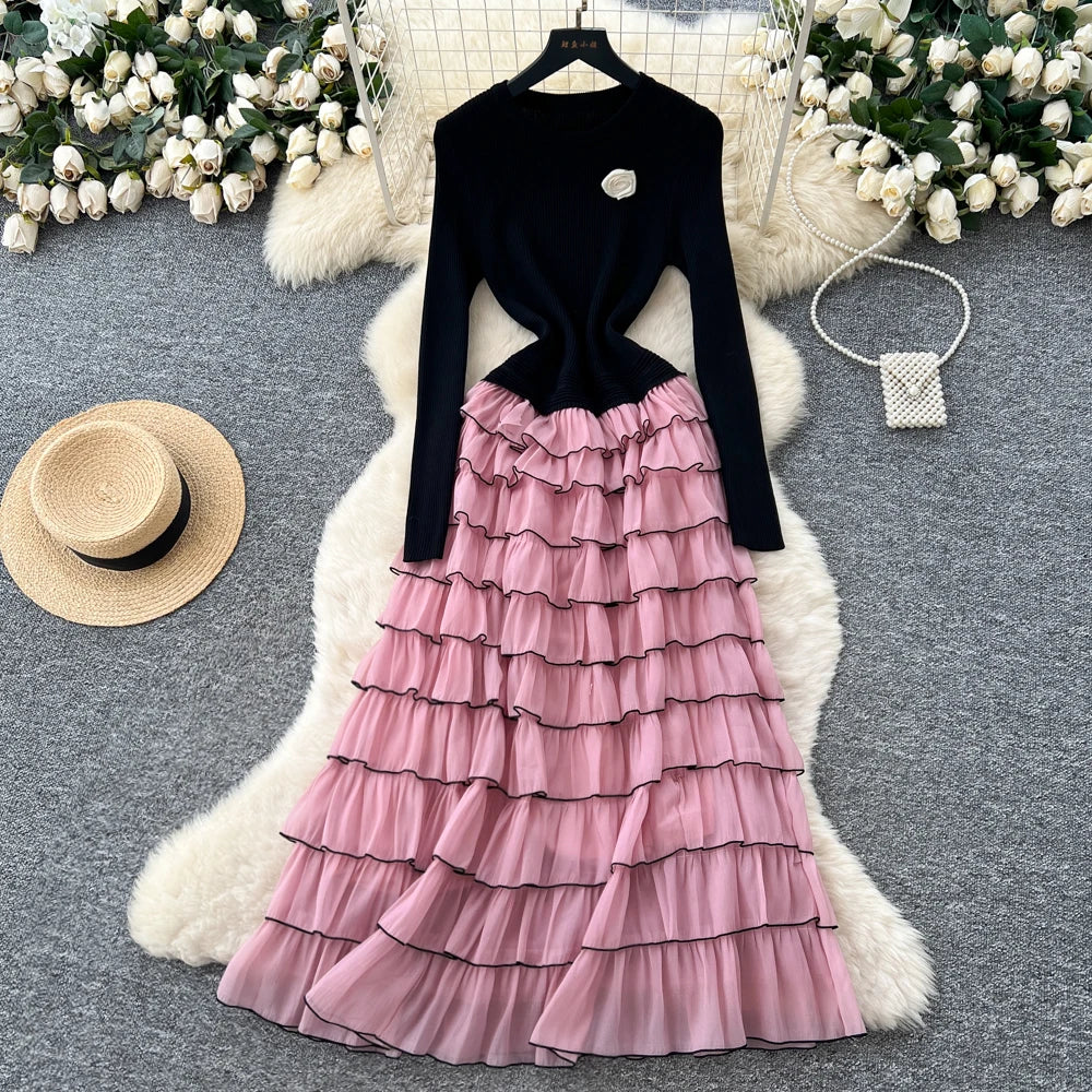 Floral O-Neck Full-Length Sleeve Tiered Slim Fit A-Line Ankle-Length Dress – Knitted Polyester, Natural Waist, Autumn/Winter Luxegan