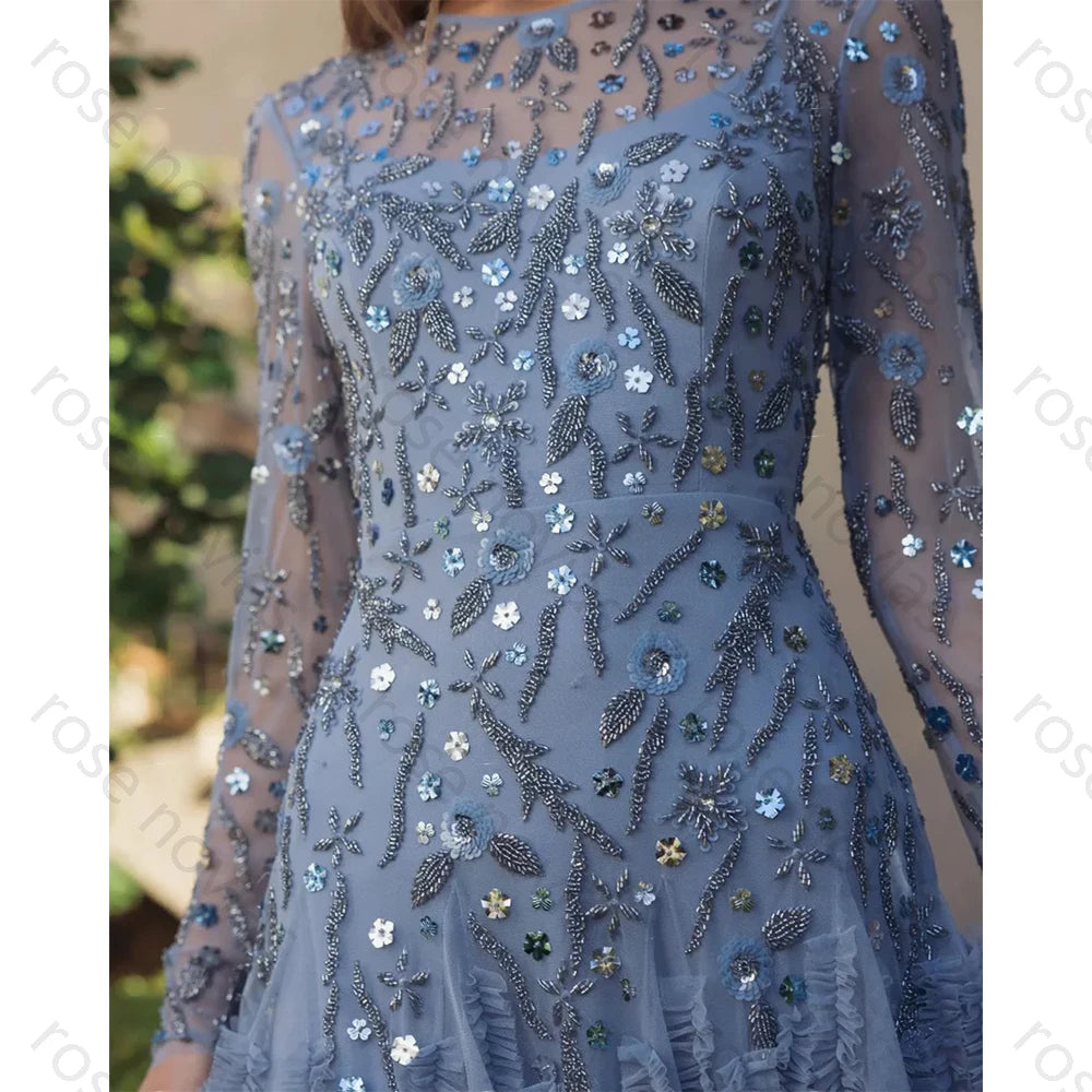 Women's High-Quality Gray Evening Dress | Elegant Scoop Neck Beaded Tulle Gown | Classic Floor-Length Formal Party Dress | Premium Tatting Full Sleeve A-Line Robe with Built-in Bra Luxegan