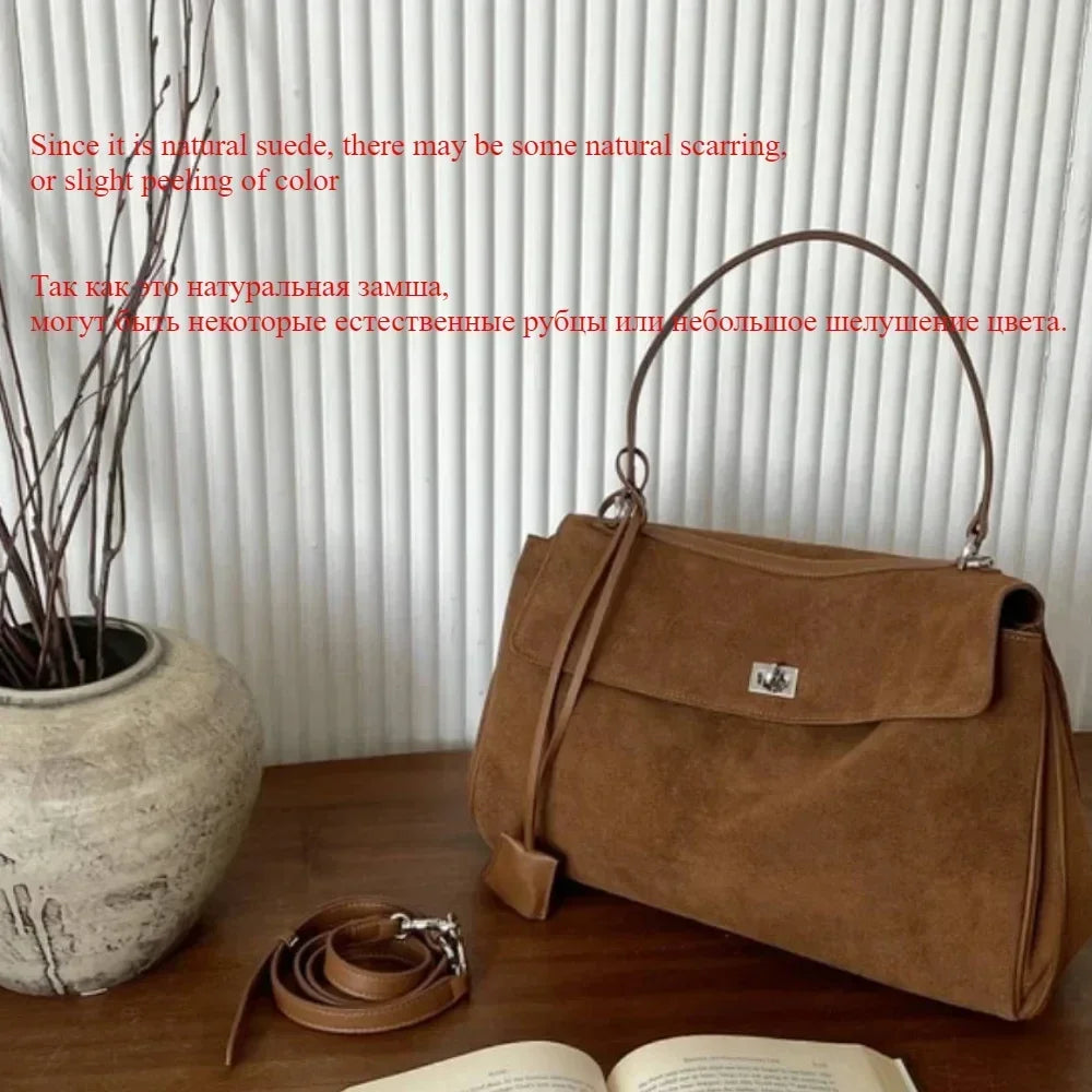 Chic Suede Leather Satchel | Soft Designer Shoulder Handbag Luxegan