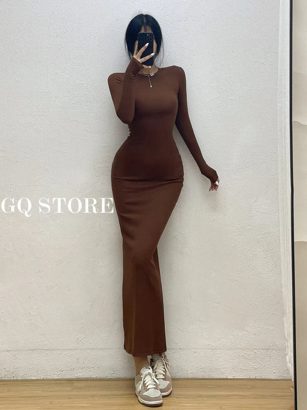Women's Elegant High Street Long Sleeve Maxi Dress | Simple Korean Style Slim Fit Ankle-Length Robe | Soft Autumn/Winter Solid Color A-Line Gown | Premium Ruffle Empire Waist Model Carbon Ash Luxegan