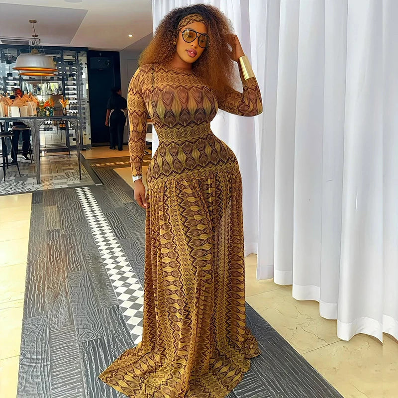 Vintage Printed Sexy See Through Mesh Women Dress Long Sleeve O Neck Slim Waist Big Hem Long Maxi Dress