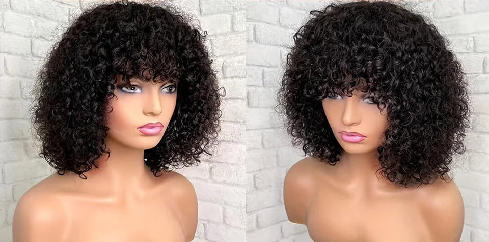 Short Pixie Bob Cut Human Hair Wig with Bangs | Jerry Curly Highlight Water Wave Blonde Colored Wig for Women (Easy Wear) Luxegan