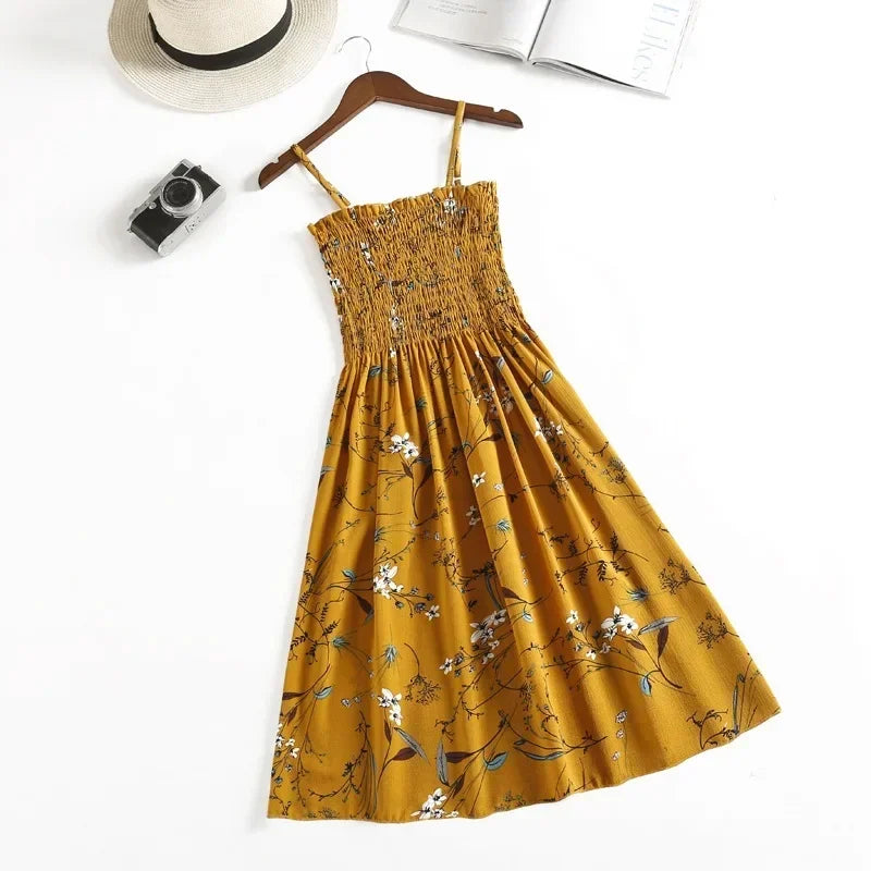 Floral Chiffon Spaghetti Strap Mini Dress | Ruffled Slash-Neck Elastic Waist Sundress | Tiered Spring/Summer Slim Fit A-Line Dress Luxegan