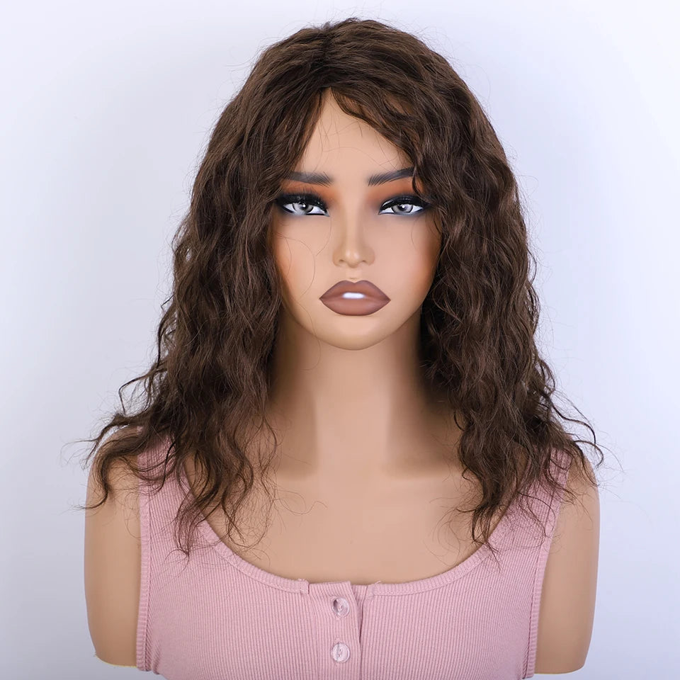Glueless Short Curly Bob Wig with Fringe Bangs | Honey Brown Mixed Blonde Highlight Water Wave Wig | 100% Brazilian Remy Human Hair Side-Part Pre-Plucked Fluffy Curly Wig for Women Luxegan