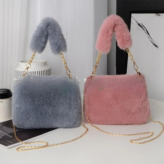 Fashion Women's Fluffy Shoulder Bag | Female Winter Chain Underarm Bag & Soft Plush Handle Handbag (Solid Color) Luxegan