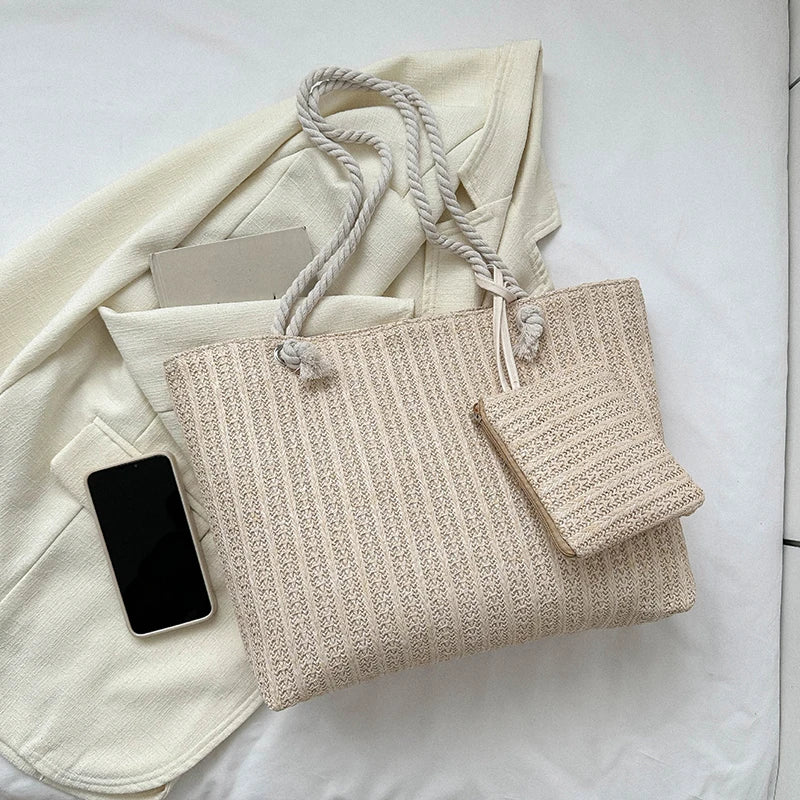 Designer Women’s Straw Tote | Sophisticated Large Capacity Beach Bag | Elegant Casual Bali-Inspired Purse | Luxury "Dignified" Woven Straw Handbag with Secure Hasp Closure Luxegan
