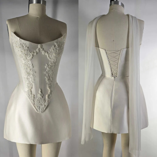 Vestido de novia de raso blanco elegante personalizado con apliques exquisitos, moda nupcial para fiesta, sin tirantes, delicado