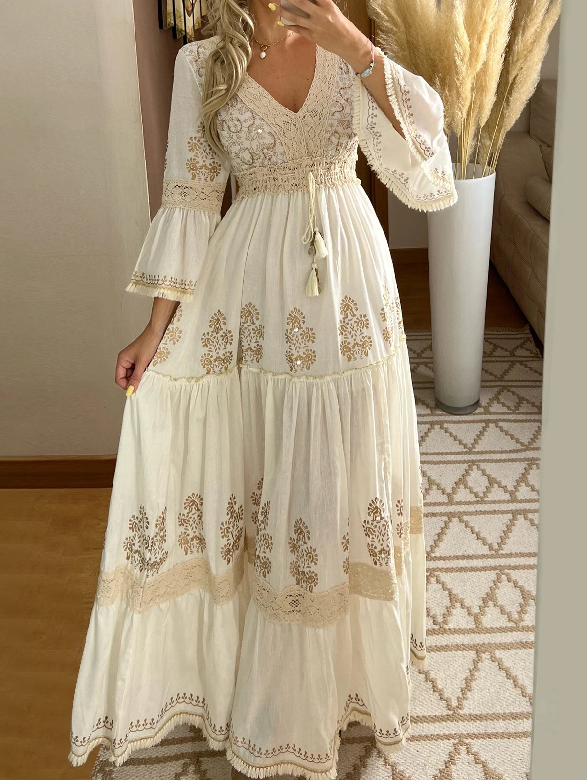 Women's Elegant Floral Print Fall Maxi Dress | Vintage V-Neck Lace Trim Holiday Dress | Classic Autumn Flare Sleeve Long Dress | Premium Tatting Slight Stretch A-Line Evening Luxegan