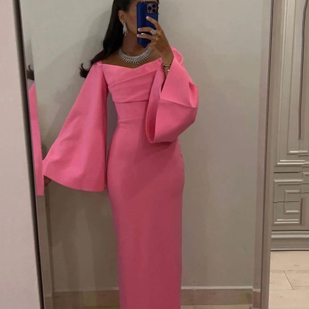 Elegant Dubai Mermaid Prom Dress | Off-the-Shoulder Full-Sleeve Evening Party Gown | Simple Satin Floor-Length Formal Celebration Dress Luxegan