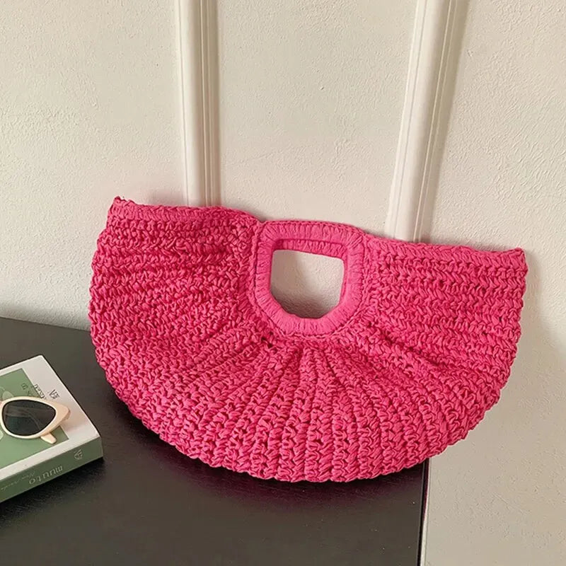 Summer Half-Moon Straw Beach Handbag | Sophisticated Handmade Rattan Handle Tote | Elegant Knitted Bohemian Shoulder Bag | Luxury Fashion-Forward Vacation Purse with "Dignified" Artisan Texture Luxegan