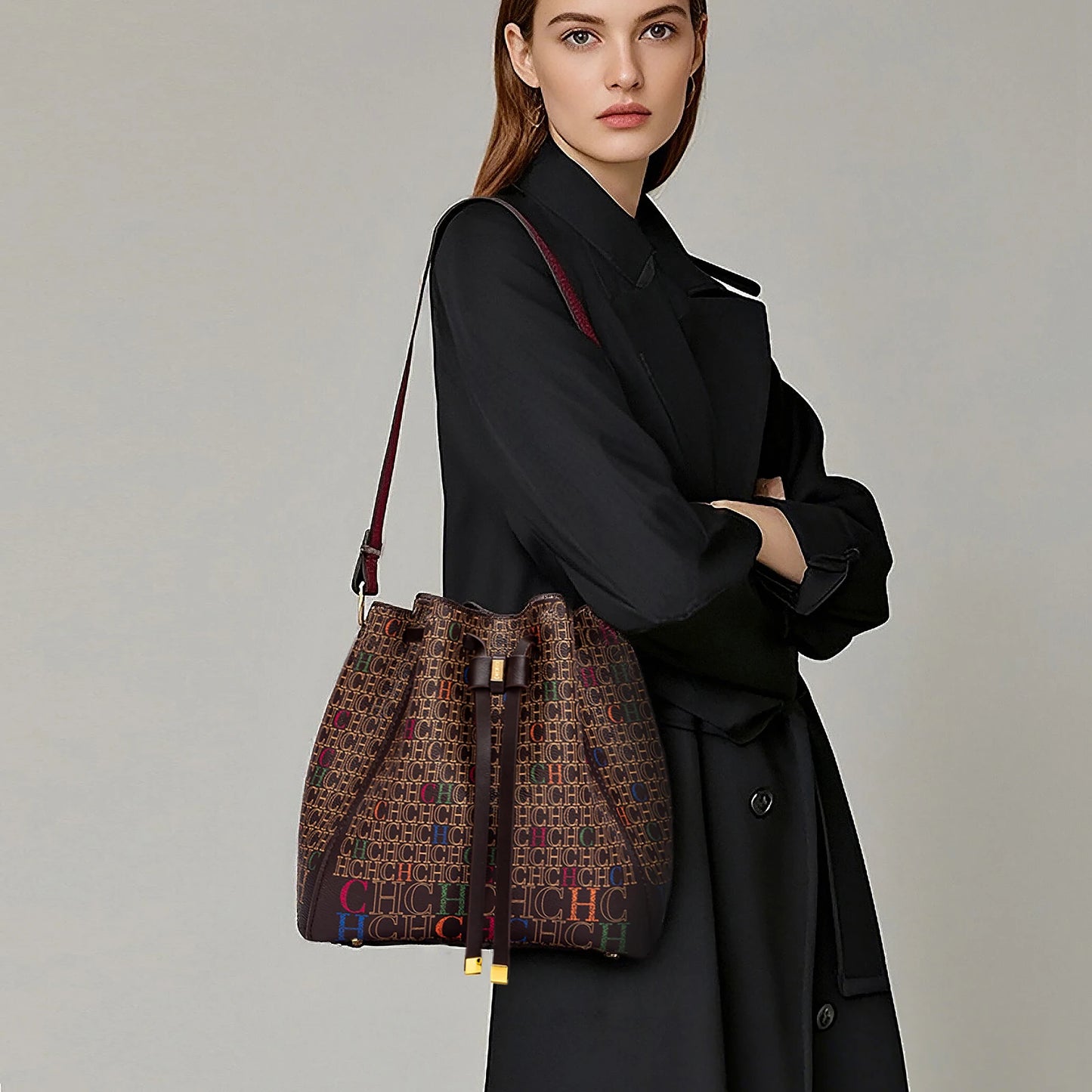 Luxury Classic Women’s Bucket Bag | Fashion PVC Printed Shoulder Bag | Designer Inspired Mini Bucket Purse | Trendy "Luxury Brand" Lettered Handbag (Model CO2C2211) Luxegan