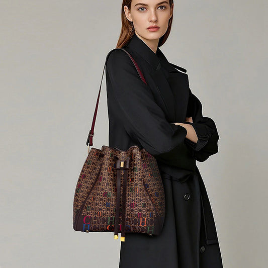 Luxury Classic Women’s Bucket Bag | Fashion PVC Printed Shoulder Bag | Designer Inspired Mini Bucket Purse | Trendy "Luxury Brand" Lettered Handbag (Model CO2C2211) Luxegan