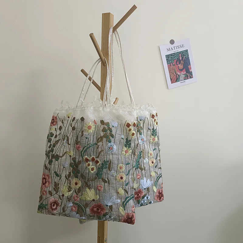 Floral Embroidery Mesh Tote | Romantic Clear Shopping Bag Luxegan
