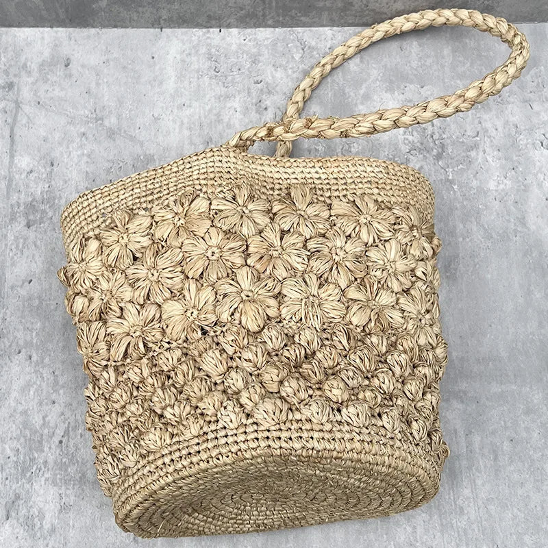 Bohemian Raffia Beach Bags for Women Bucket Bag Luxury Flower Straw Bag | Women Handbag Handmade Travel Rattan Shoulder Bags Tote Luxegan