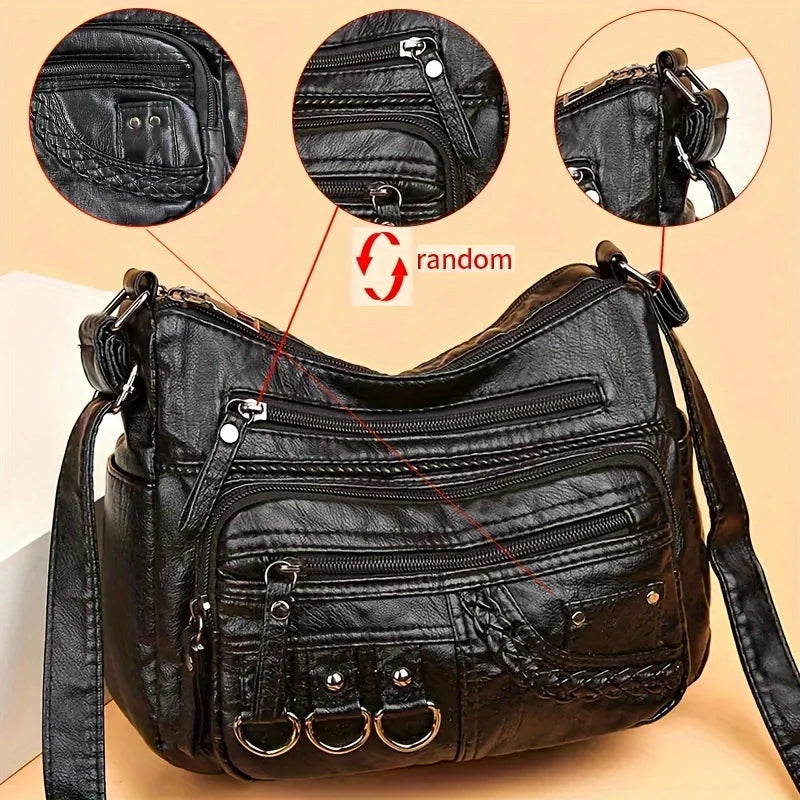 Vintage PU Leather Crossbody Bag | Retro Multi-Layer Shoulder Bag for Women | Sophisticated Classic Fashion Handbag & Purse | Elegant Work & Travel Messenger Bag with "Dignified" Letter Detail Luxegan