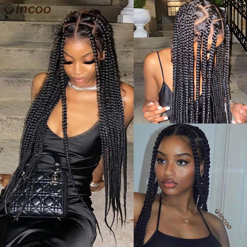 Synthetic Large Box Braided Wigs Jumbo Knotless Full Lace Front Wigs For Black Women Jumbo Tribal Braids Faux Locs Cornrows Wig Luxegan