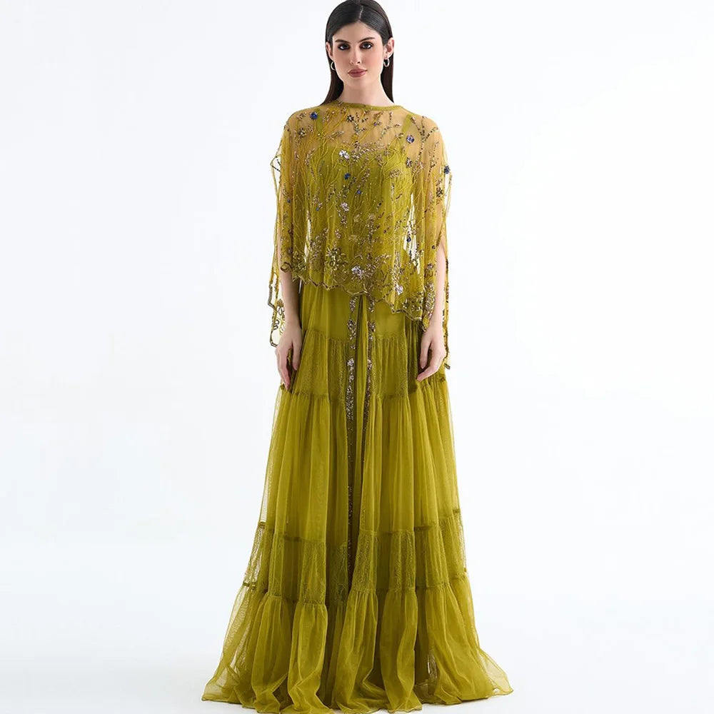 Luxury Sequined Celebrity Gowns with Shawl Elegant Customized A-Line Tulle Evening Dress Modern Spaghetti Straps Robe de soirée