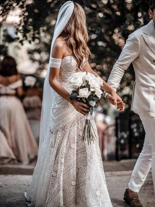 Vestidos De Novia De Sirena De Encaje Con Manga Desmontable Escote Corazón Cola Barrida Hechos A Medida Vestido De Novia