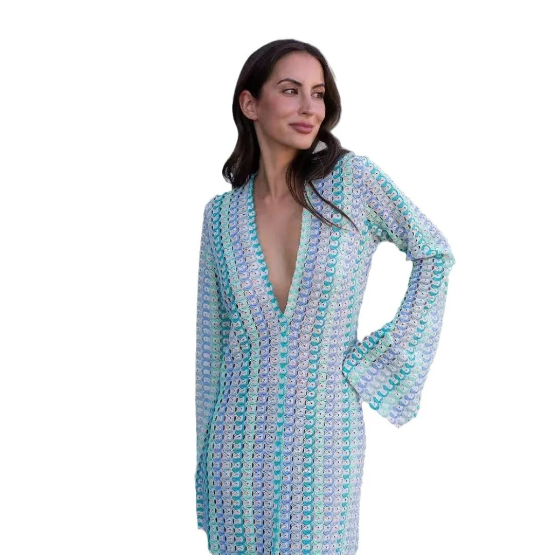 Crochet Hollow-Out Stripe Maxi Dress – Flare Sleeve, Deep V-Neck, Split Hem Luxegan