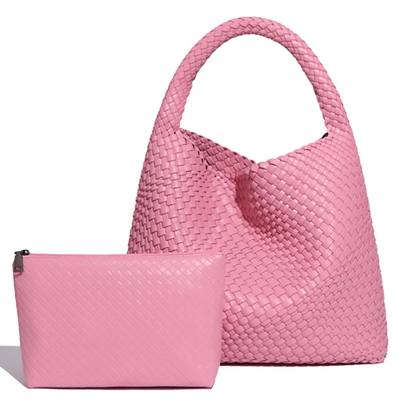 Large Woven PU Leather Shoulder Bag | Soft Summer Beach Shopper with Purse Luxegan