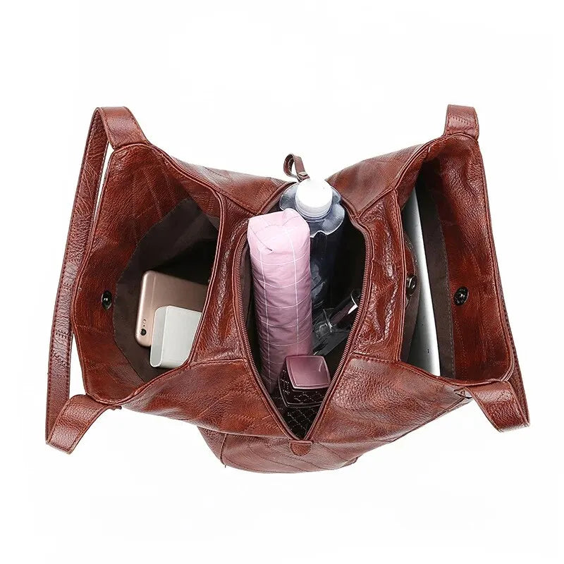 Vintage Women's Leather Shoulder Bag | Large Capacity Marble Grain Daily Commuter Handbag (Shopping Tote, Zipper & Hasp Closure) Luxegan