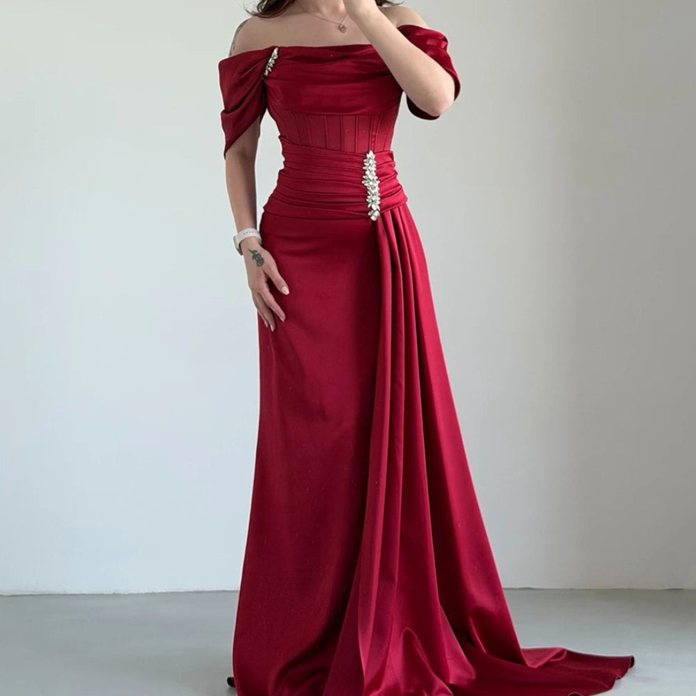 Crystal Draped A-Line Prom Dress | Off-Shoulder Sleeveless Floor-Length Evening Gown Luxegan
