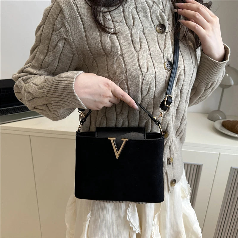Vintage Mini Faux Suede Satchel | Fashionable Hardware Lock Buckle Handbag | Trendy Quilted & Sequined Shoulder Bag | Women's Small Crossbody Purse with Suede Texture Luxegan