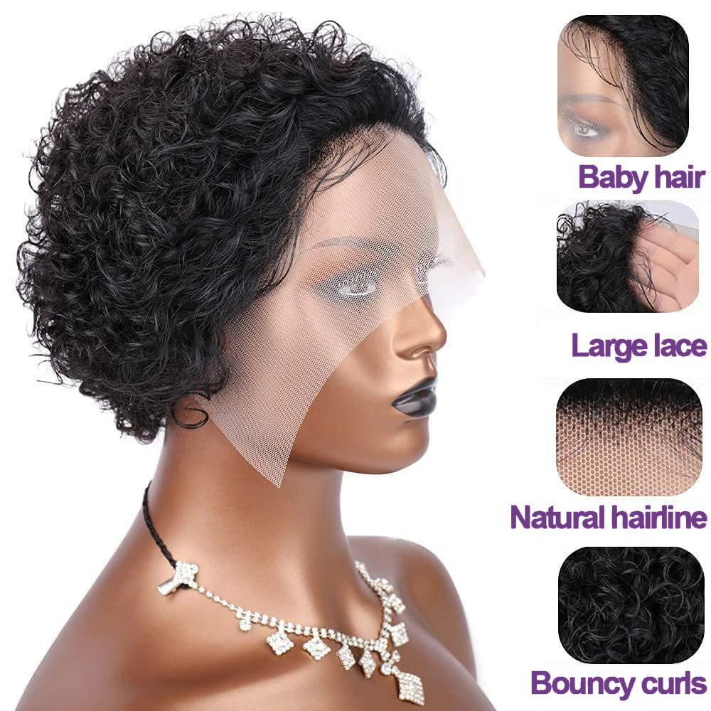 Short Curly Pixie Cut Wig - 13x4 & 13x1 Transparent Lace Frontal Human Hair Wig - Glueless Brazilian Remy Curly Short Bob Wig for Black Women (4-16 Inches, #1B Natural Color) Luxegan