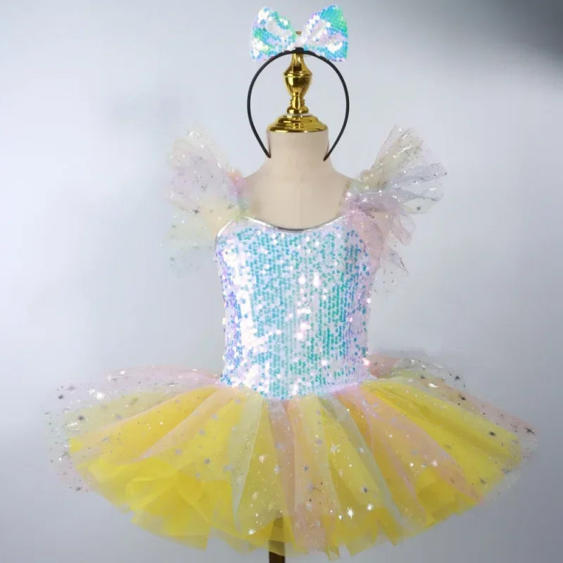 Girls' Tiered Patchwork Tutu Party Dress | Cute Princess Stage Dance Costume | Summer Sleeveless O-Neck Mini Ball Gown Kids Outfit Luxegan