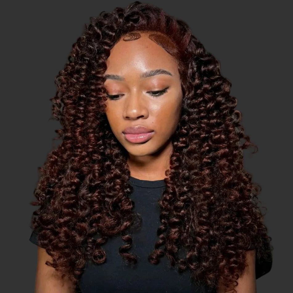 300% Density Burgundy Brown Loose Deep HD Lace Wig | Sophisticated 13x6 & 13x4 Transparent Frontal | Elegant "12A Brazilian Remy" 26+ Inch Silhouette | "Dignified" Pre-Plucked Bleached Knot Curly Human Hair for Radiant Versatile Styling Luxegan