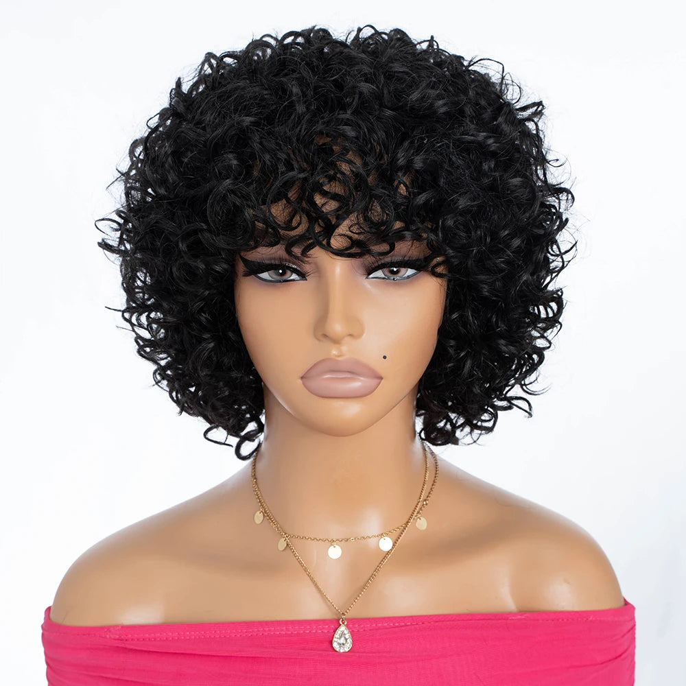 P4/27/30 Short Curly Deep Wave Human Hair Wig - Glueless Full Machine-Made Wear-and-Go Short Wig - 100% Brazilian Remy Human Hair Piano Highlight Honey Blonde & Auburn Curly Wig for Black Women Luxegan