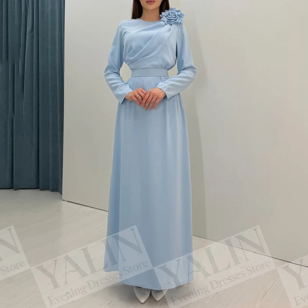  Floral Sash A-Line Prom Dress | O-Neck Full Sleeve Ankle-Length Evening Gown Luxegan