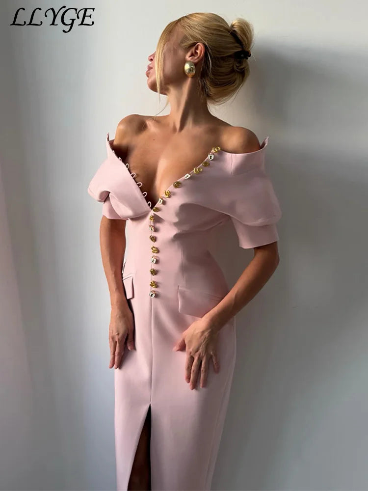 Elegant Solid Buttons Long Dress Women Waist Cinched Shoulder Pads High Collar Slit Dresses 2026 Spring Summer Lady Party Robes