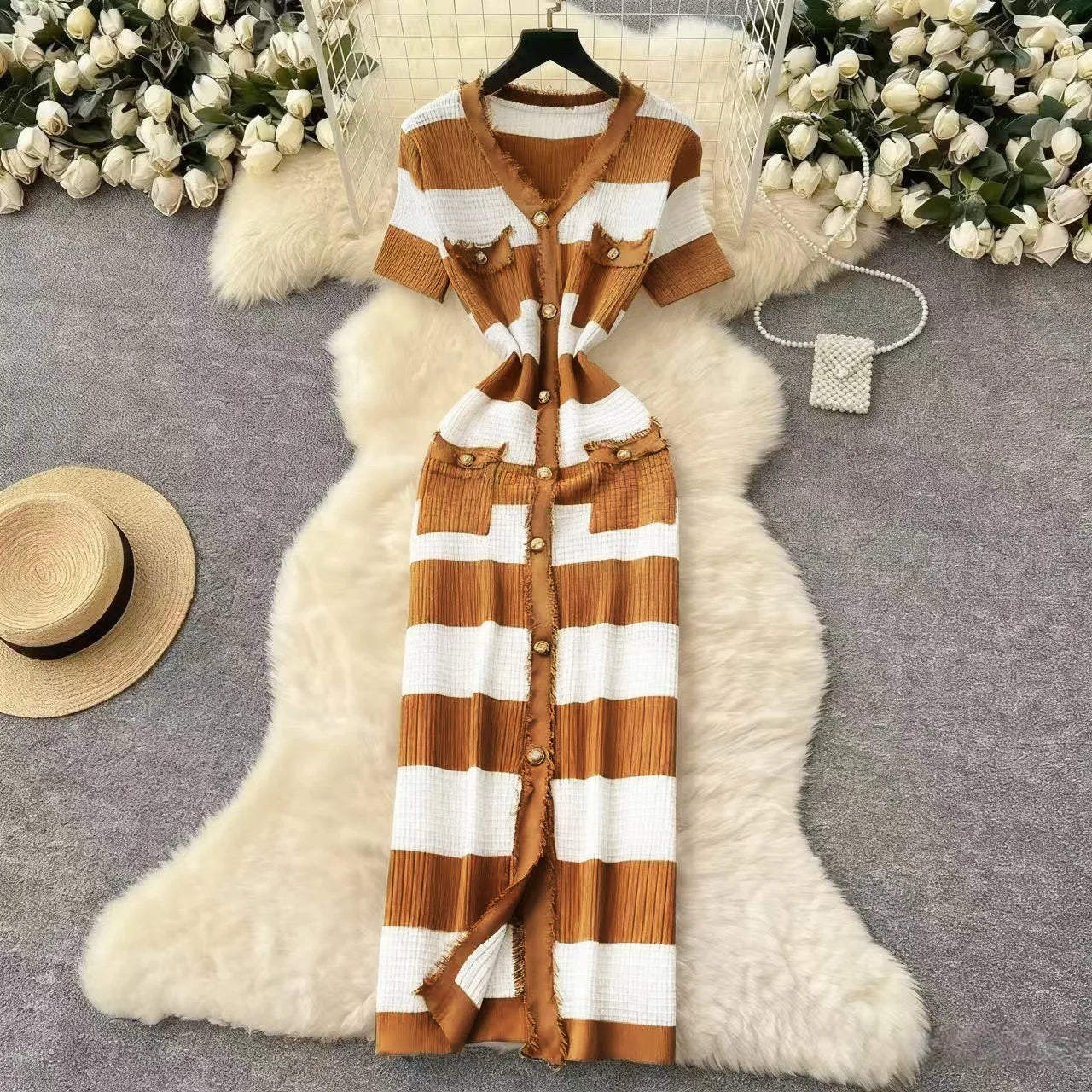 V-Neck Short Sleeve Tassel Striped Knit Pencil Midi Dress | Slim Fit Elegant Office Lady Summer Dress Luxegan