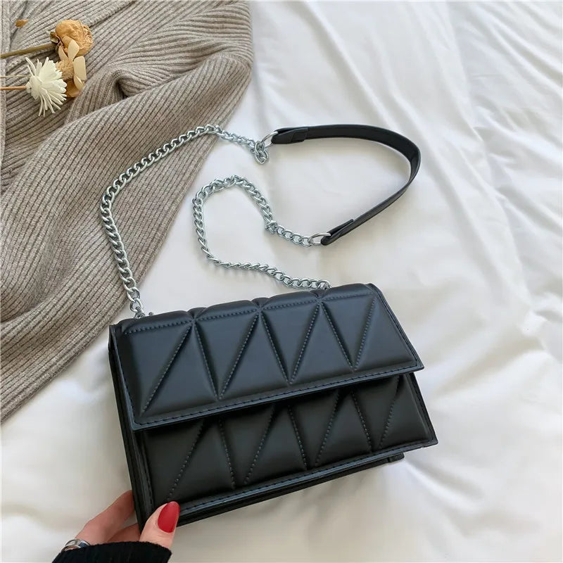 Embroidery Plaid Chain Flap Bag | Sophisticated Solid-Color Shoulder Handbag | Elegant Casual Crossbody Purse | "Dignified" Hard Square Bag for Versatile Daily Styling Luxegan