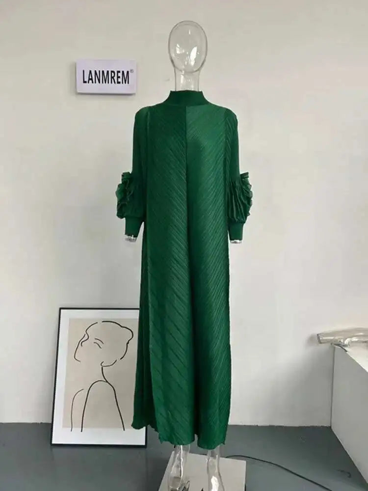 Pleated Lettuce Hem Maxi Dress | Turtleneck Full Sleeve Loose A-Line Casual Dress Luxegan