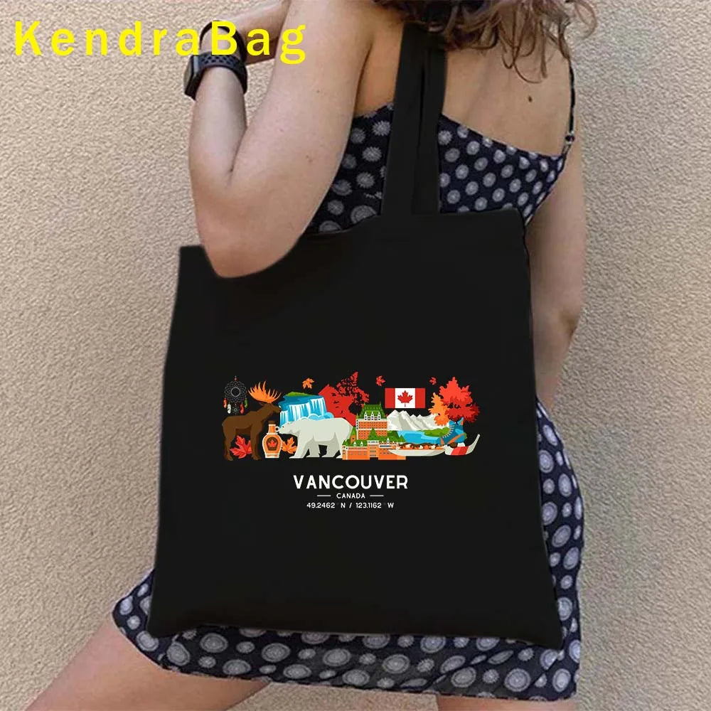 Canadian City Landscape Cotton Canvas Tote Bag | Happy Canada Day Tourist Gift | Reusable Eco-Friendly Shoulder Handbag (Women) Luxegan