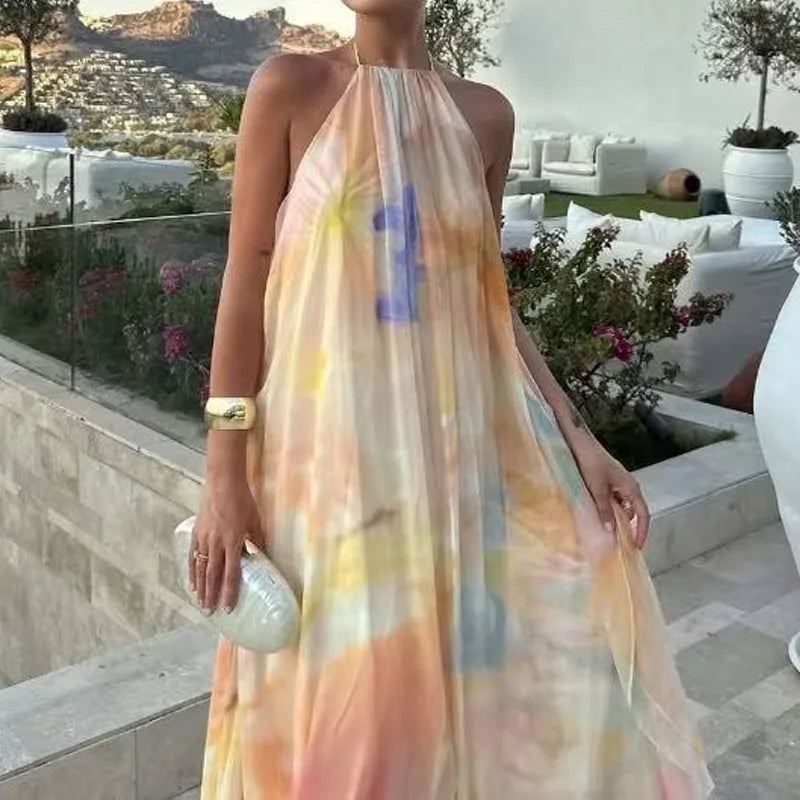 Printed Halter Neck Loose Maxi Dress – Backless, A-Line, Bohemian, All Season Luxegan
