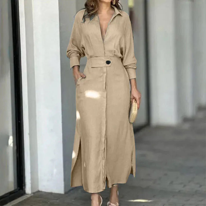 Women's Dress Autumn New Fashion Elegant Long Sleeve Leisure Solid Color V Neck Sexy Ladies Shirt Dresses Commuting Streetwear