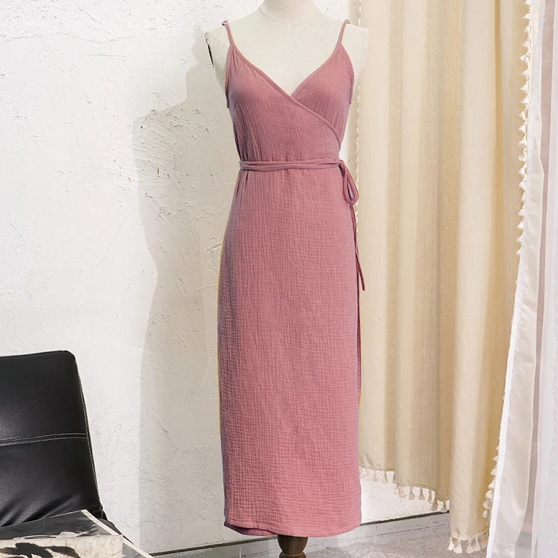 Solid V-Neck Spaghetti Strap Sash Tie Slim Fit A-Line Midi Dress – Cotton Crepe de Chine, Empire Waist, Summer Luxegan