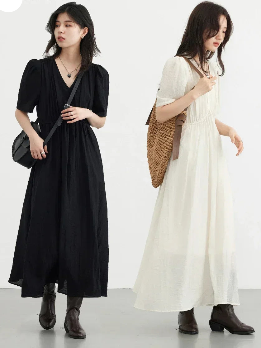 French Style Vintage V-Neck Puff Sleeve Maxi Dress | Solid Black Loose-Fit Summer Dress | Elegant Non-Stretch Ankle-Length Office Dress Luxegan