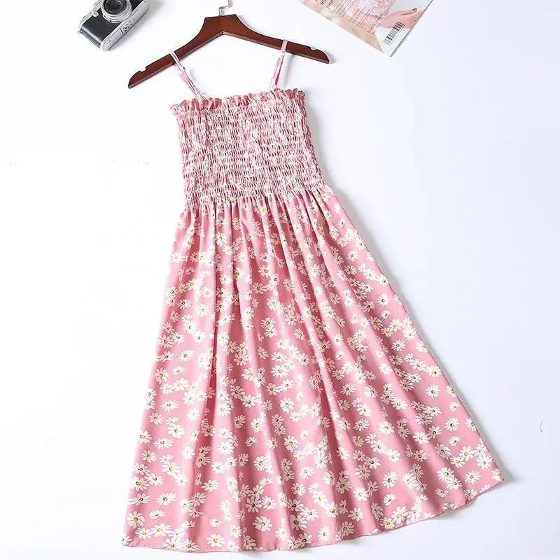 Floral Chiffon Spaghetti Strap Mini Dress | Ruffled Slash-Neck Elastic Waist Sundress | Tiered Spring/Summer Slim Fit A-Line Dress Luxegan