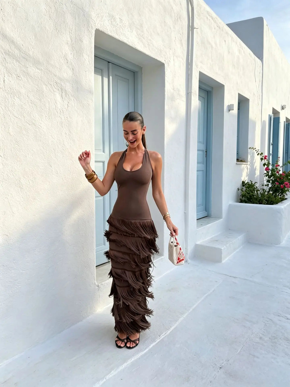 Patchwork Halter Neck Sleeveless Tassel and Sequin Detail Slim Fit Sheath Ankle-Length Dress – Empire Waist, Spring/Summer Luxegan