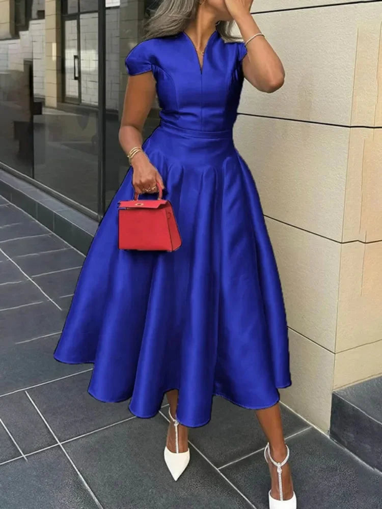 Solid Color Pleated Midi Dress | Sophisticated V-Neck Cap Sleeve Silhouette | Elegant "High-Waist" A-Line Party Dress | "Dignified" Ruffle Detail Gown for Radiant Versatile Styling Luxegan