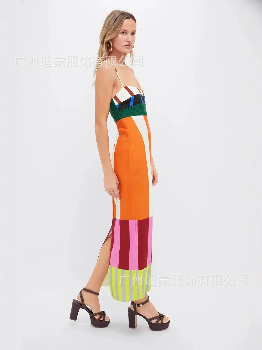 Patchwork Beach Style Square Neck Sleeveless Spaghetti Strap Slim Sheath Mid-Calf Dress – High-Stretch Polyester, Empire Waist, Summer Luxegan