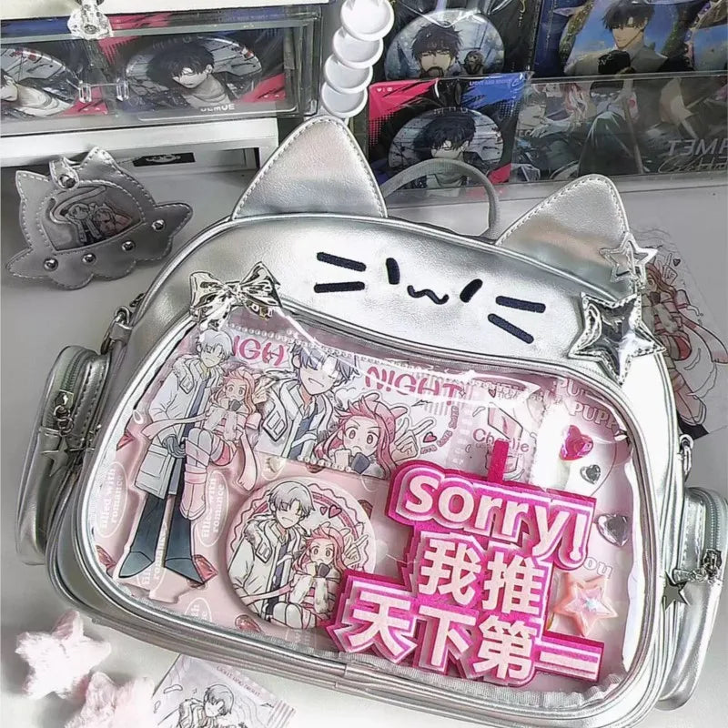 New Y2K Korean Kawaii Cat Ita Bag | Cute Transparent Window PU Shoulder Bag | Harajuku Crossbody & Fashion Backpack for Girls (Model 180) Luxegan