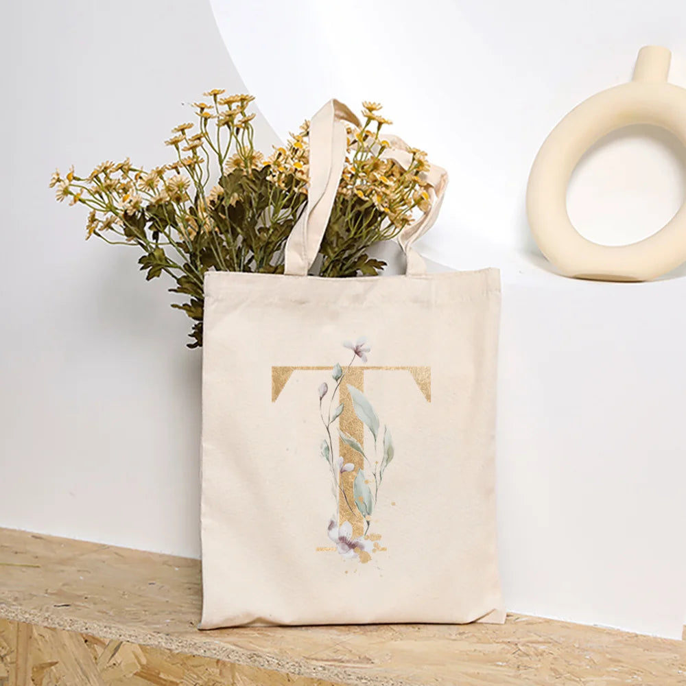 Leaves Plant Initial Print Canvas Tote Bag | Reusable Summer Beach & Shopping Handbag with Hasp Closure Luxegan