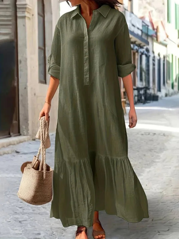 Women's Solid Cotton Hemp Casual Robe Dress | Shirt Collar Twisted Buckle Maxi Dress | Full-Sleeve Loose-Fit A-Line Spring Summer Streetwear Luxegan